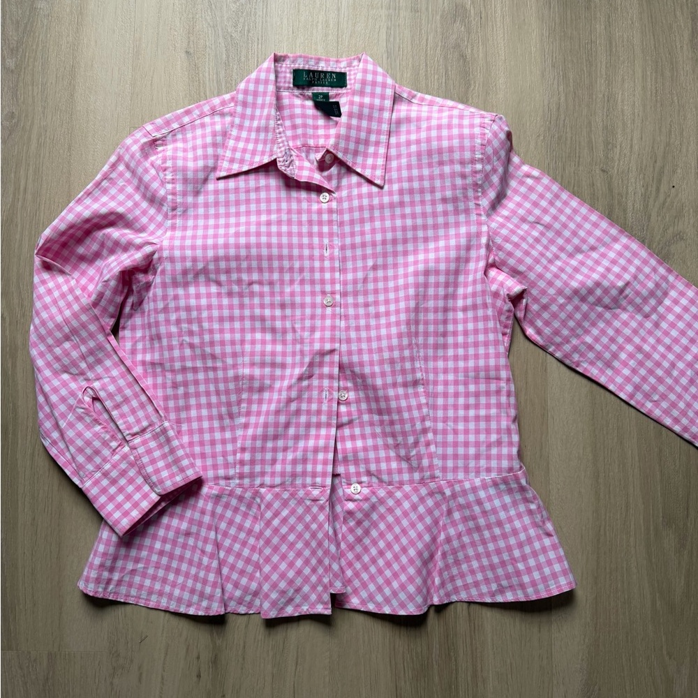 Ralph Lauren Pink White Gingham Button-Down peplum Blouse